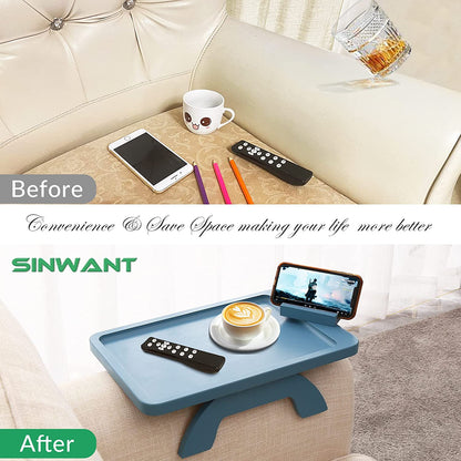 Sofa Arm Clip on Tray Table,Bamboo Couch Table for Wide Side Table, Armrest with 360° Phone Holder,Portable TV Table,Sofa Eating and Drink Blue