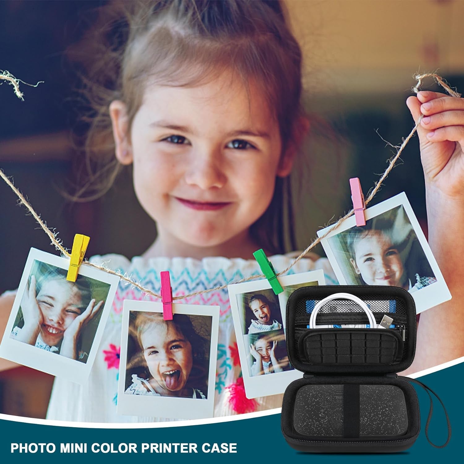 Hard Case for HP Sprocket Portable 2X3 Instant Photo Printer, Kodak Step Wireless Mobile Photo Printer, Lifeprint 2X3 Photo Printer, Zipper Mesh Bag Fits Photo Paper Cable, Black+Black